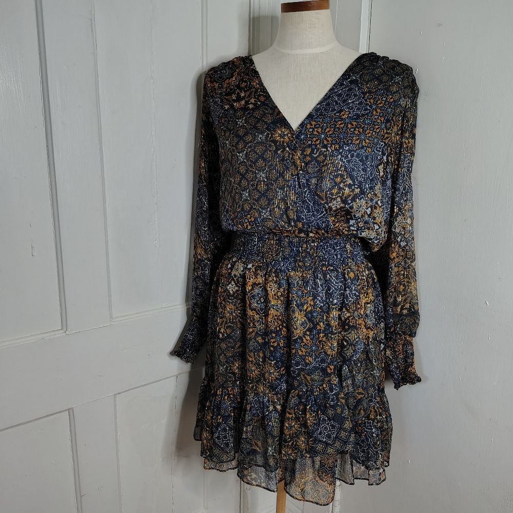 NWT MICHAEL Michael Kors Long Sleeve Dress True Navy Marigold Women's Size L